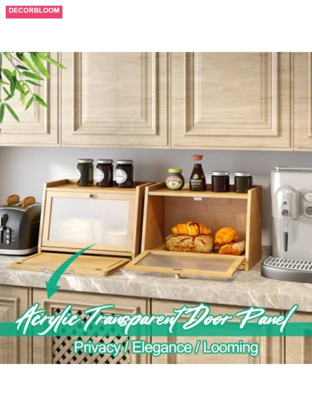 Bamboo Bread Box with Wavy Acrylic Door and Cutting Board, Large Kitchen